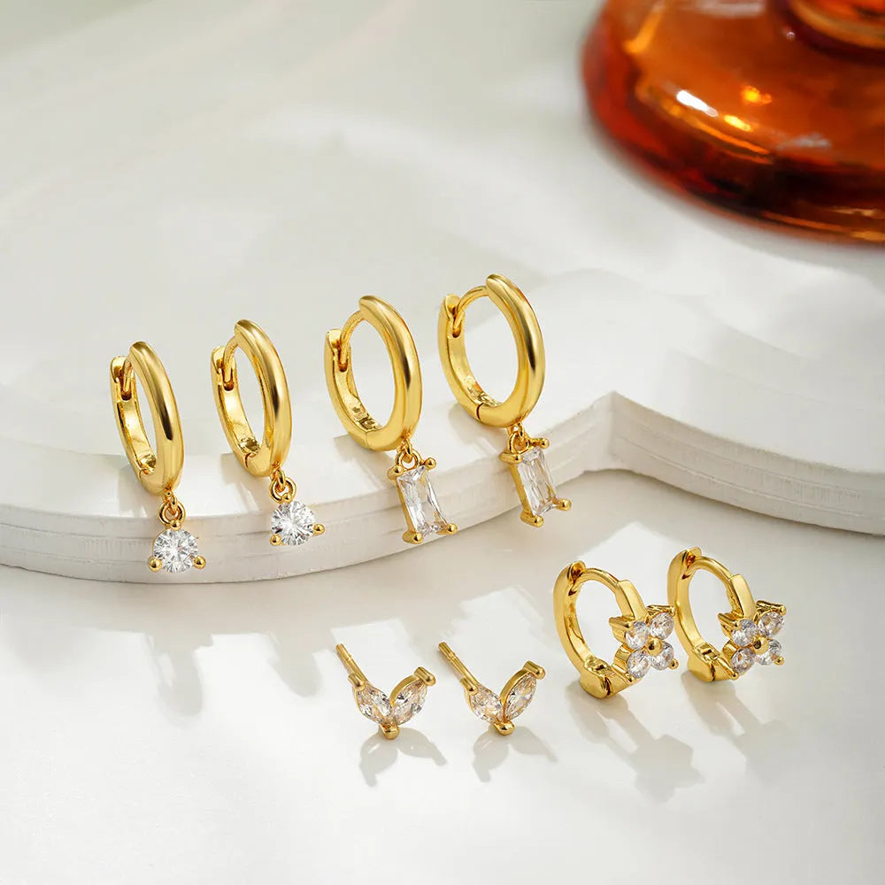Geometric square copper earrings with zircon plating in gold and silver four-piece sets for women