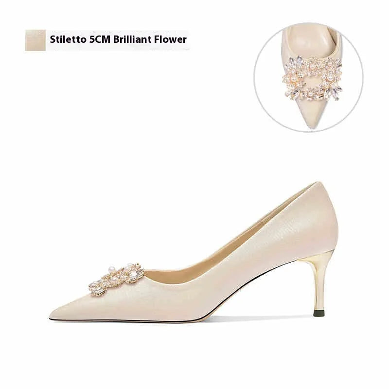 French crystal bridal high heels with rhinestone decoration on cloth upper, available in pointed toe styles with stiletto heels
