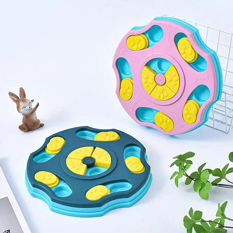 Blue and pink dog puzzle toy food feeder for interactive play and slower eating