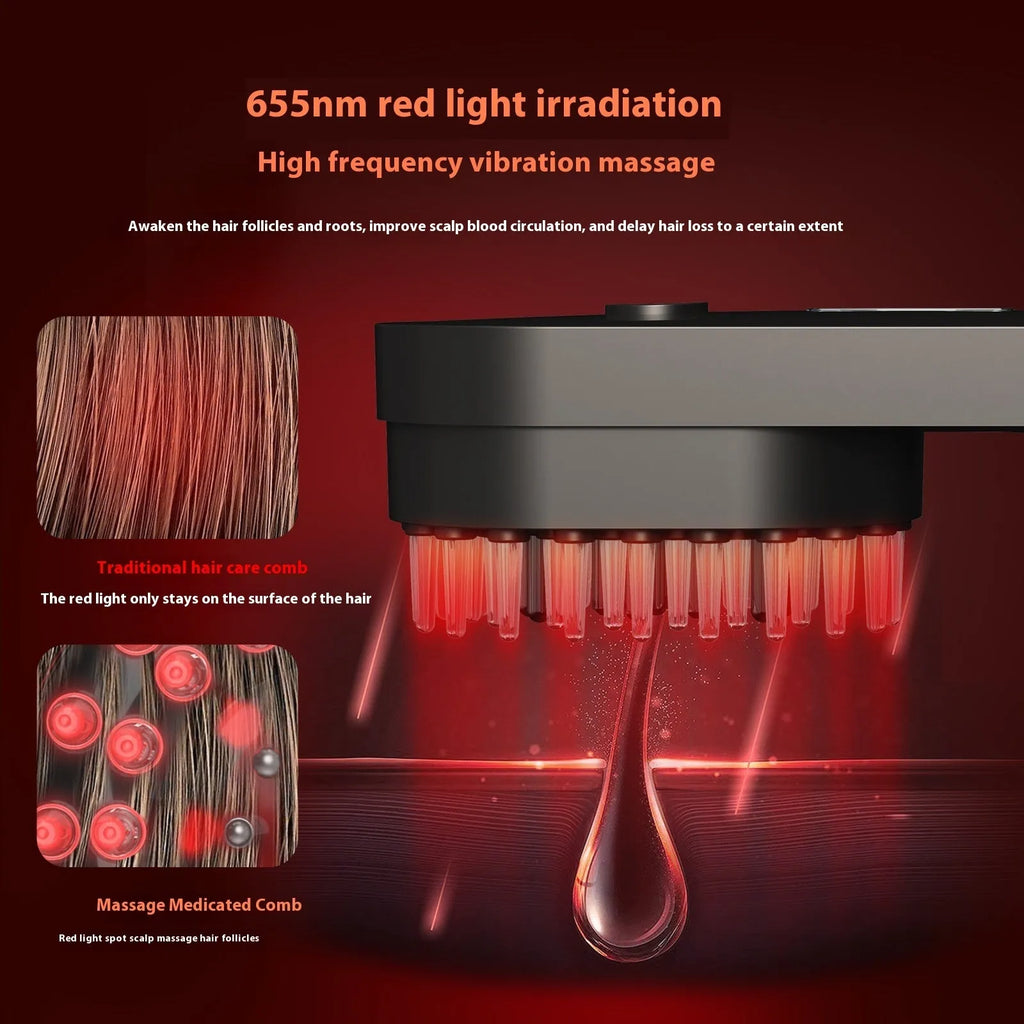 Smart massage comb with red light therapy for scalp treatment in pink and black colour options