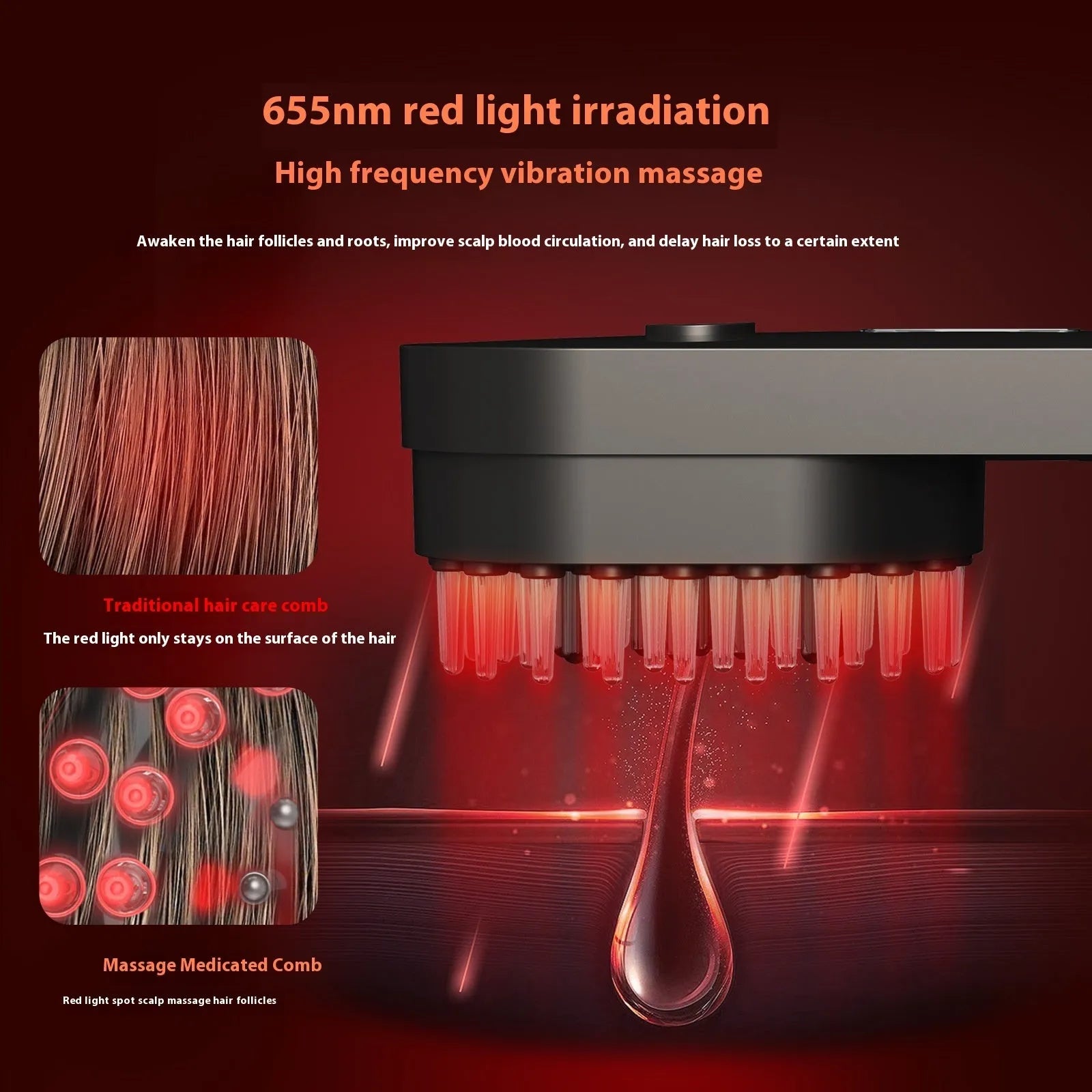Smart massage comb with red light therapy for scalp treatment in pink and black colour options