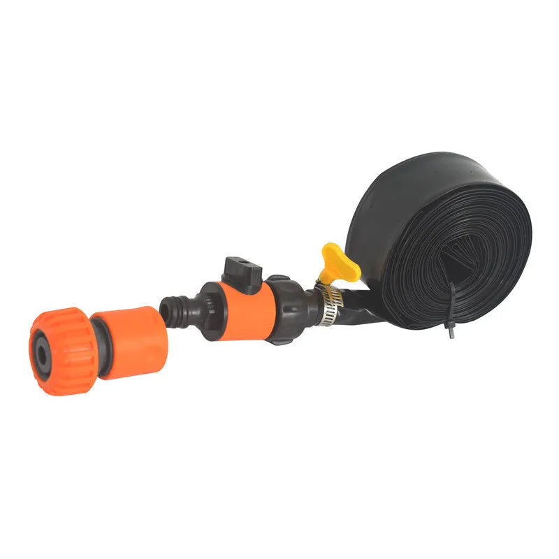 Portable garden sprinkler with PVC hose in blue or orange colour