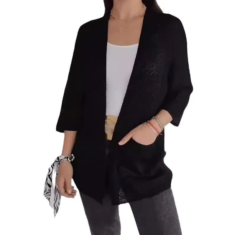 Women's waffle texture cardigan coat in army green with nine-quarter sleeves and pockets.