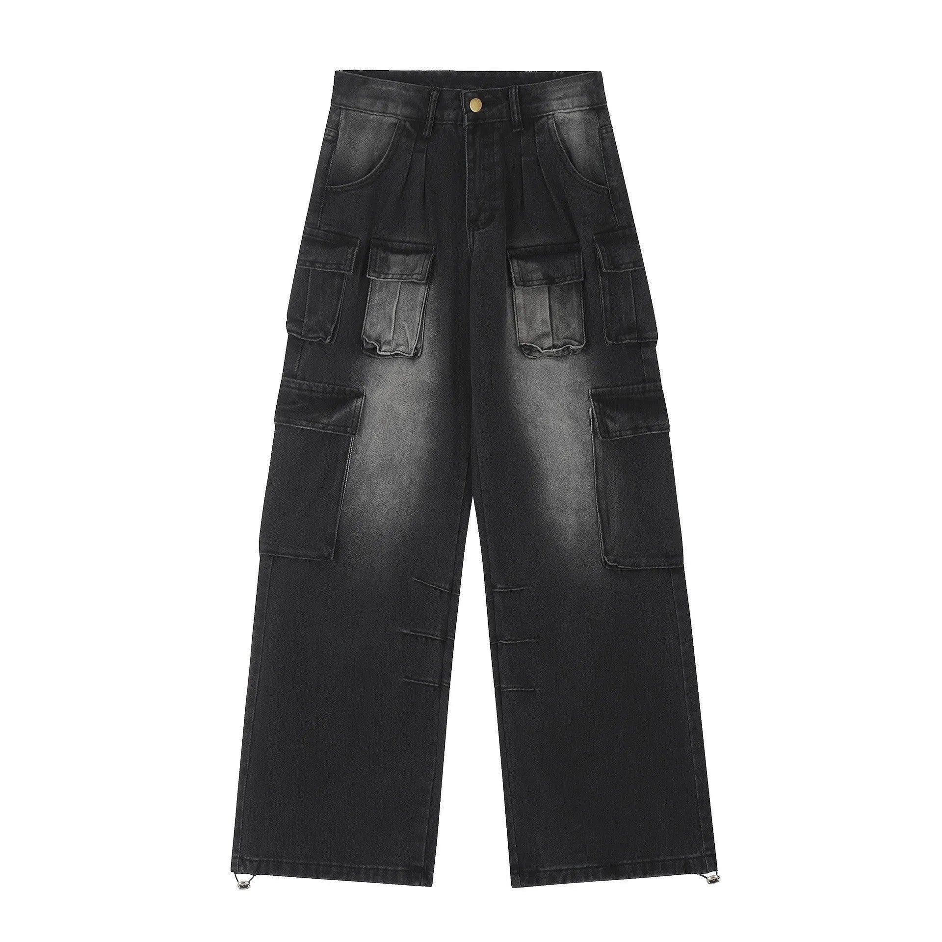 Men's loose fit distressed cargo jeans with multiple pockets in street hipster style