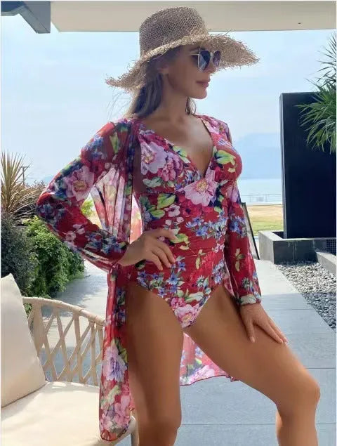 Women's floral patterned tight bikini three-piece suit with coat in seven colour options