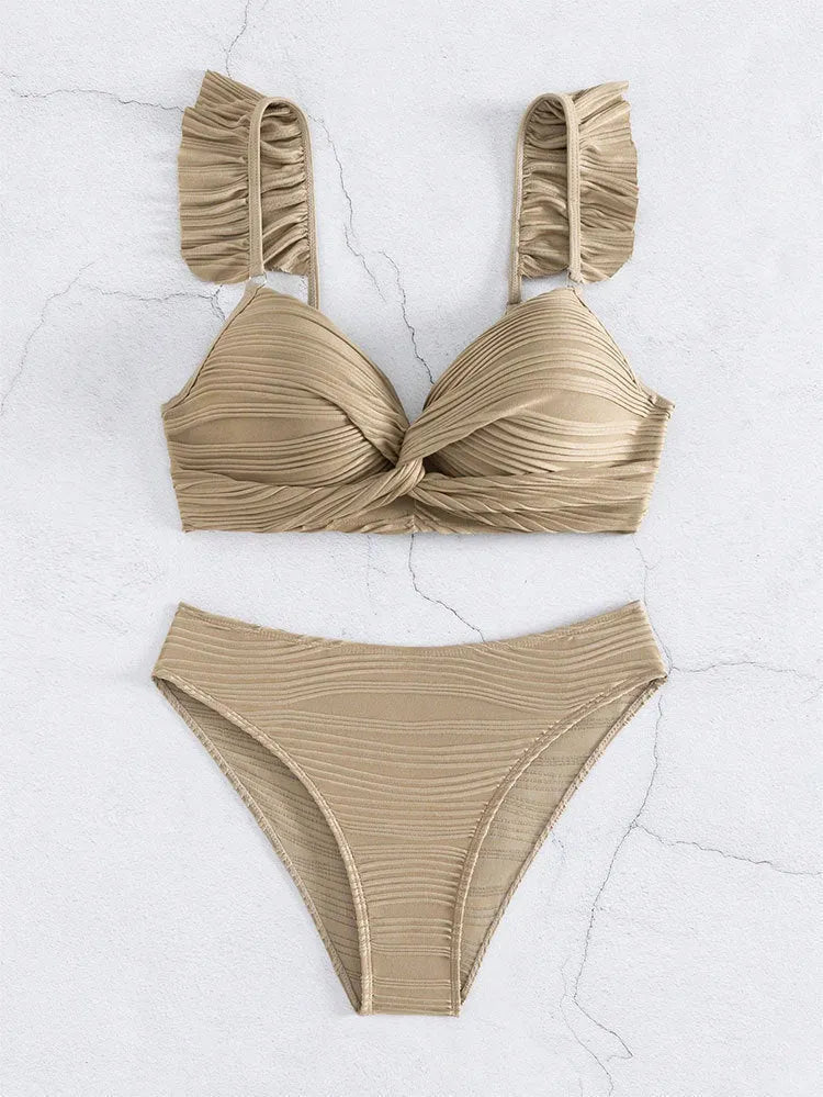 Women's solid colour bikini swimsuit in black or khaki made from polyester fibre