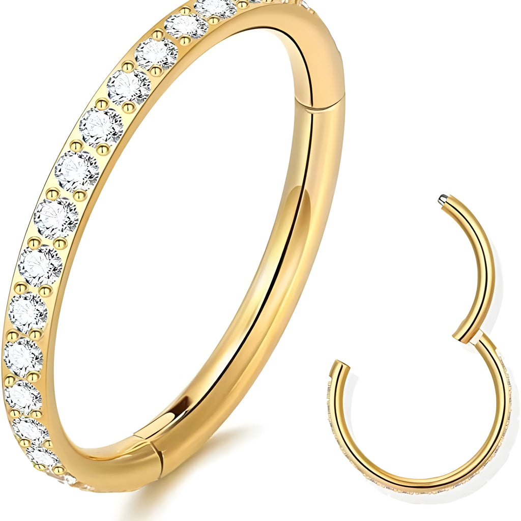 A seamless stainless steel nose ring hoop showing gold and rose gold electroplated colour options.