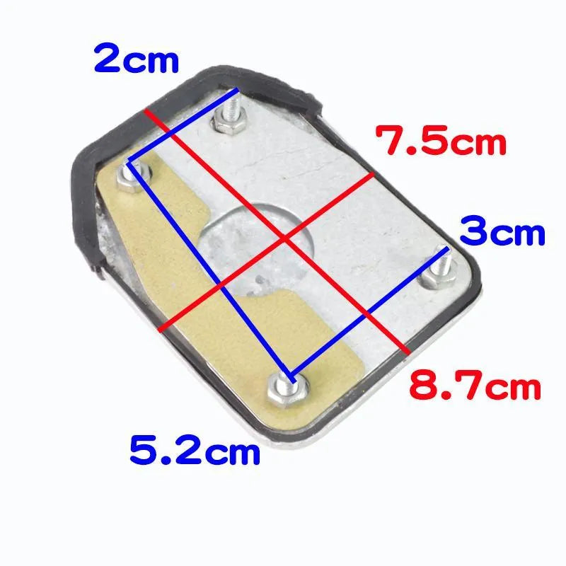 Metal motorcycle brake pedal skid plate replacement part showing three configuration options
