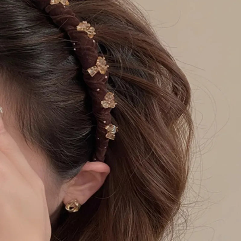 French velvet crystal hairband in wine red colour with hand-beaded details for face washing