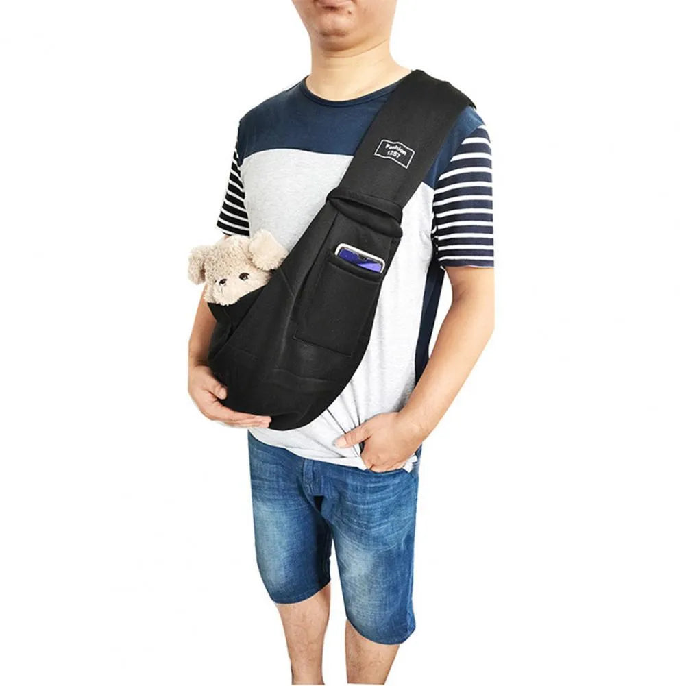 Cat-themed messenger bag folded and unfolded showing multiple compartments and adjustable shoulder strap