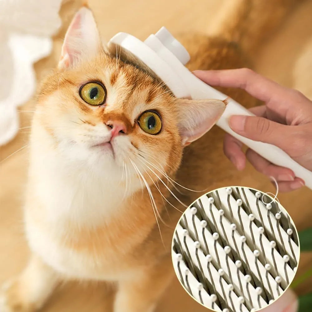 Self-cleaning cat brush with blue rubber handle and metal pins with rubber tips for pet grooming