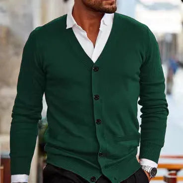 Men's slim-fit acrylic cardigan sweater in a choice of colours including light grey, black, and wine red.