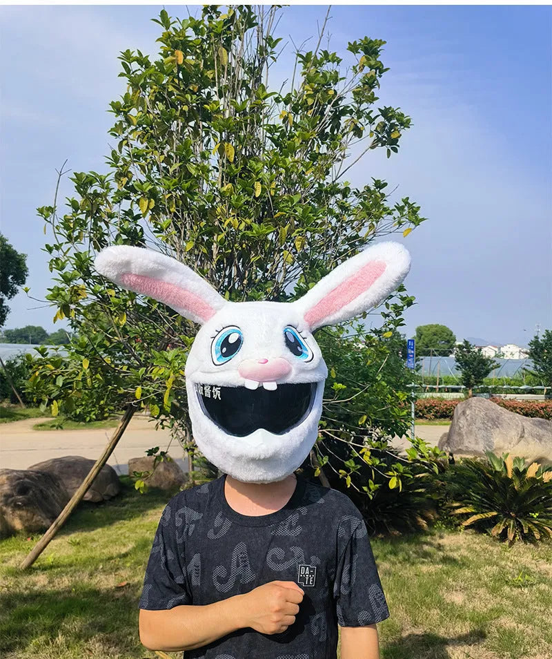 White plush rabbit head decorative cover for electric motorcycle helmet
