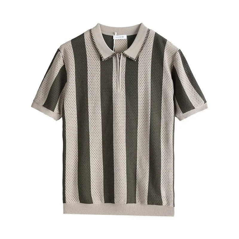 Men's short sleeve ice silk sweater with stripe pattern and zip decoration in viscose fabric