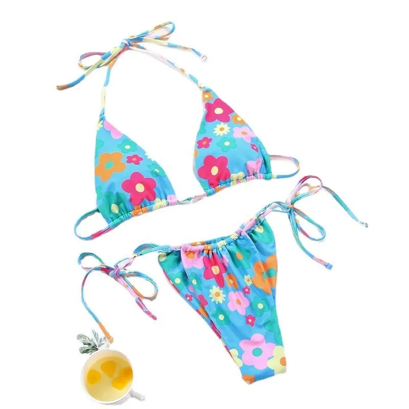 Women's polka dot print bikini in brown dot, watermelon gradient, and orange dot patterns