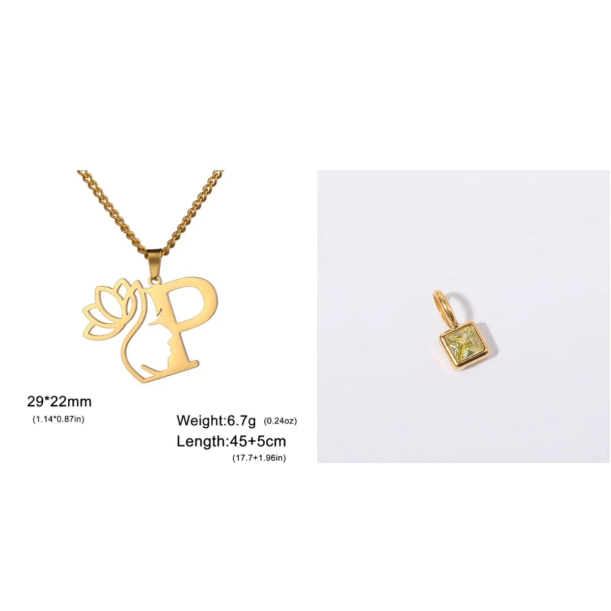 Stainless steel necklace with cross chain design and single letter pendant in gold or silver electroplated finish