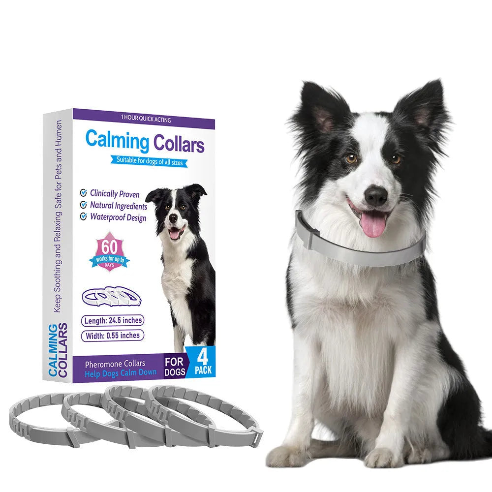 Four dog anxiety relief collars in different colours with Chinese monochrome pattern