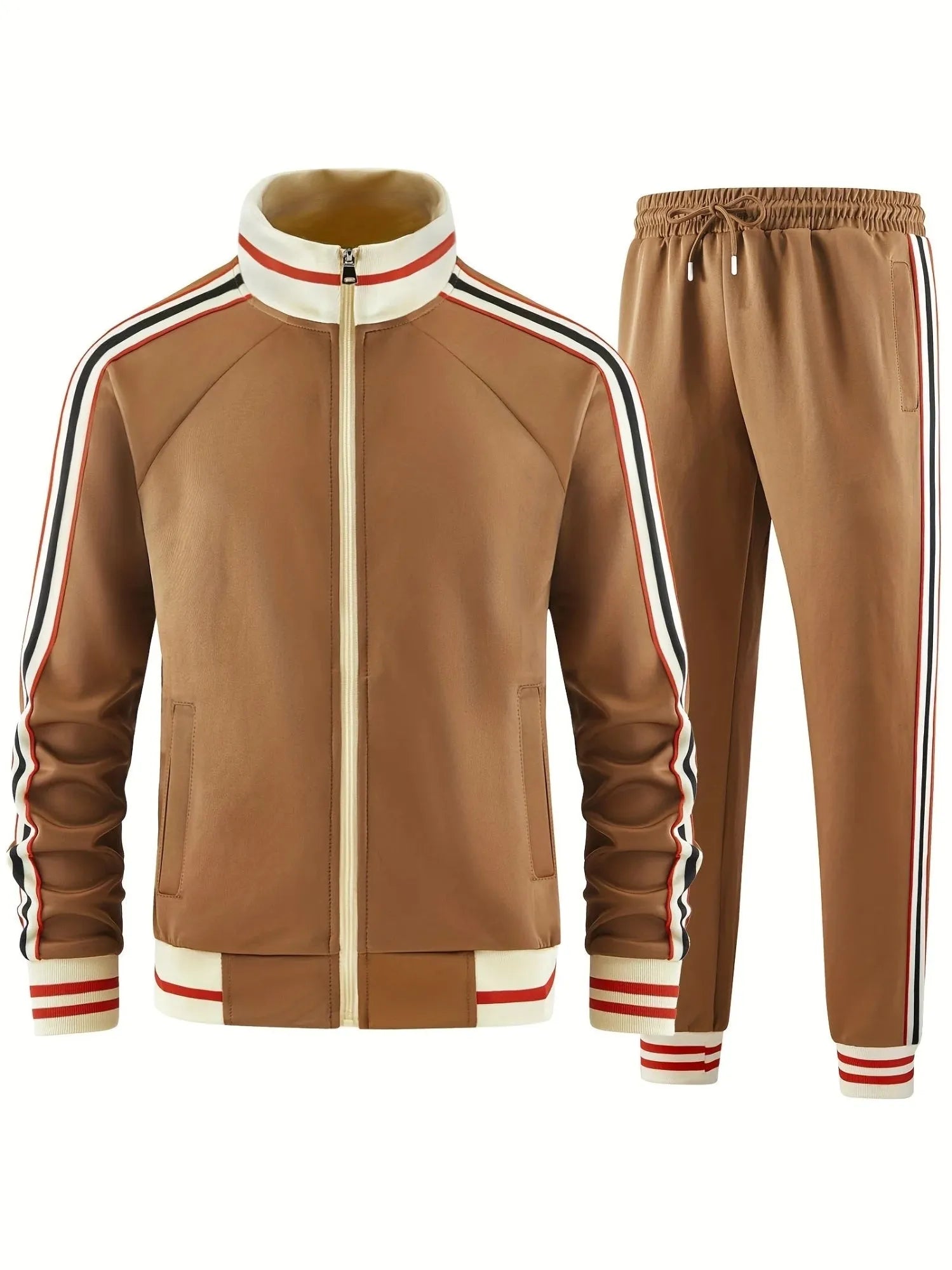 Man wearing a khaki coloured turtleneck zipper cardigan top and matching trousers street style suit set.