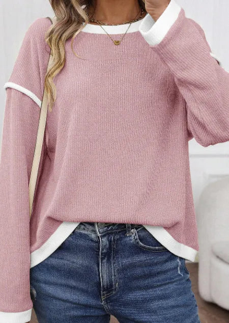 Women's loose knit top with contrast trim on sleeves, in beige, light pink or four leaf clover colour