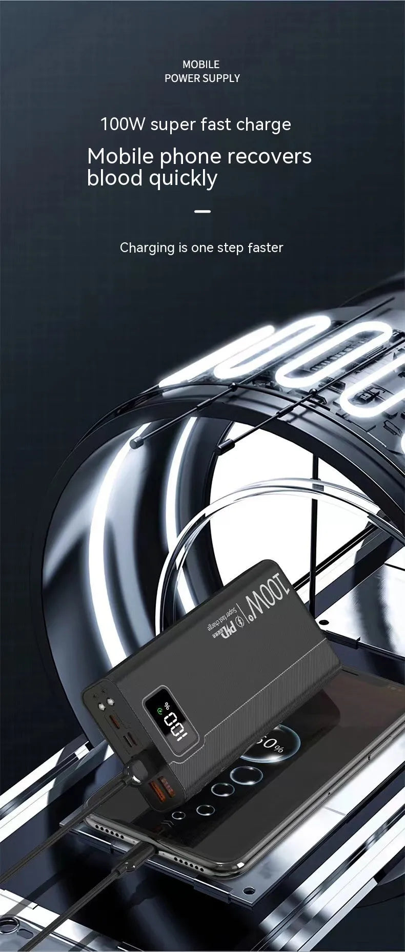 Large capacity black and white plastic power bank showing size relative to a smartphone.