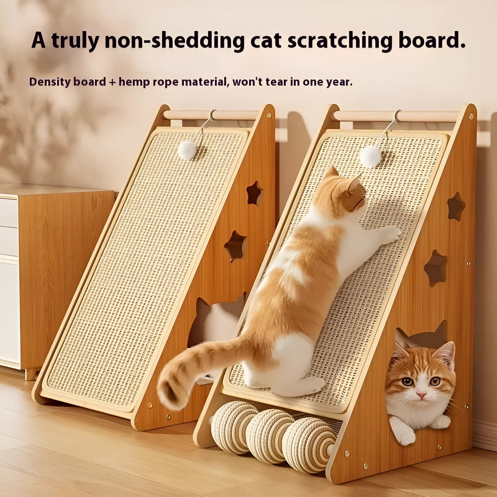 Vertical wall-mounted cat scratch board with sisal surface and hemp rope ball attachment