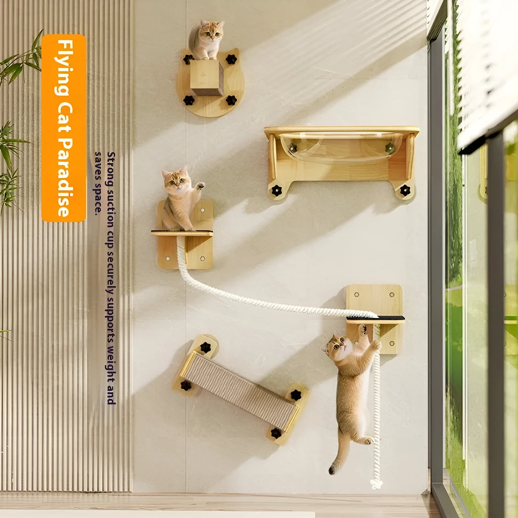 Wall-mounted cat scratching post in space capsule style with sisal surface and sucker lanyard.