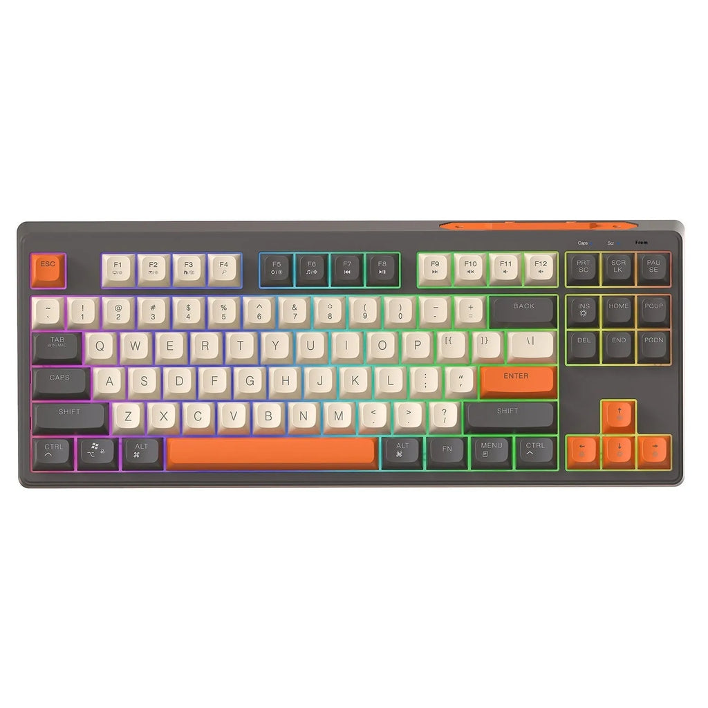 Wireless Bluetooth dual-mode mechanical keyboard with 87 keys in blueberry colour showing hot-swappable switches