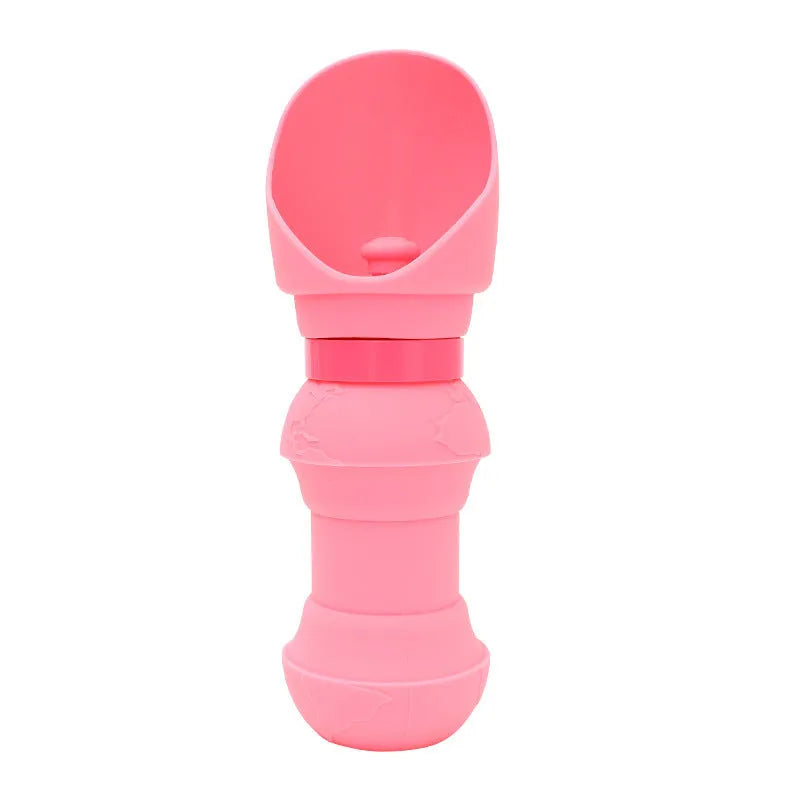 Collapsible silicone pet water cup shown in folded and open positions, available in various colours.