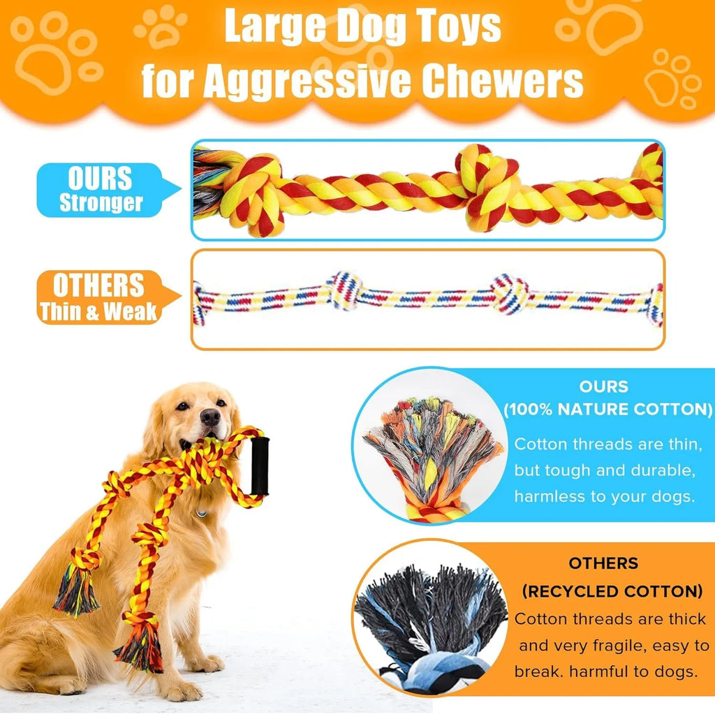 Blue and yellow extra large cotton rope dog tug toy with non-slip handle for aggressive chewers