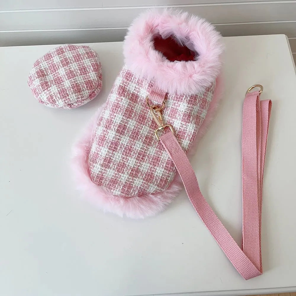 Pink polyester cat cape and beret set with hand-holding rope leash attachment