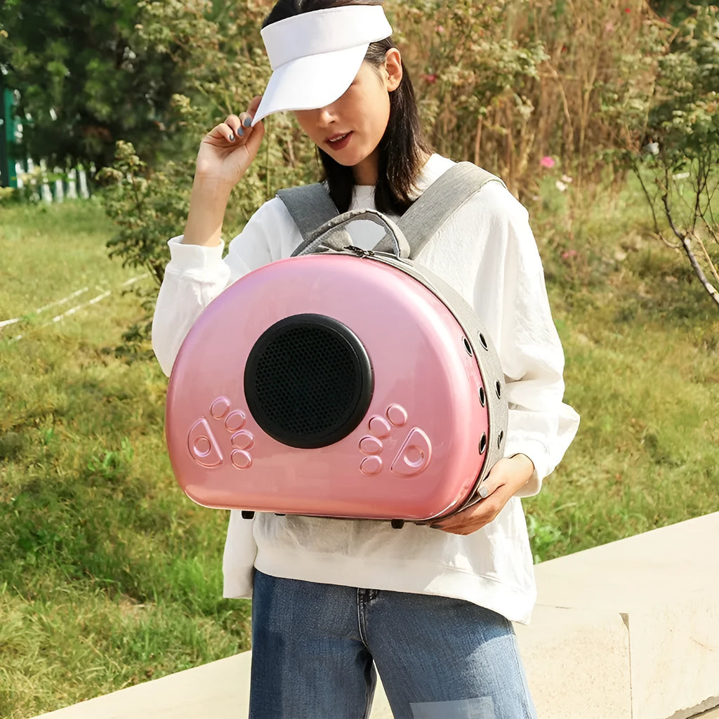Transparent space capsule cat carrier bag in PC canvas, shown in Rose Gold, Luxury Silver, and Champagne Gold colour variants.