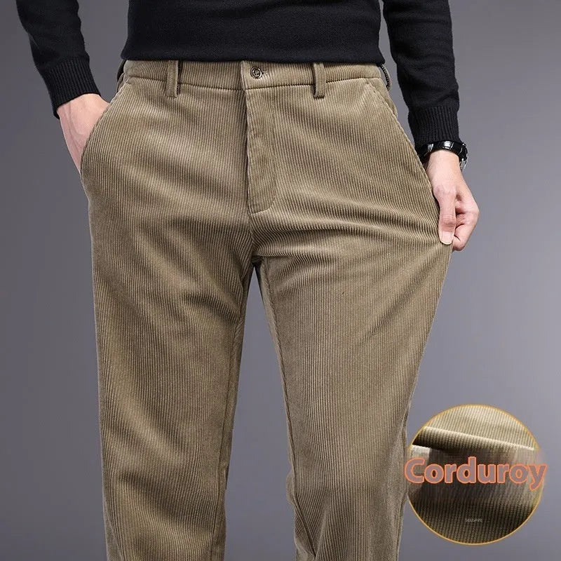 Retro striped straight-leg trousers in khaki colour with zip-fly closure