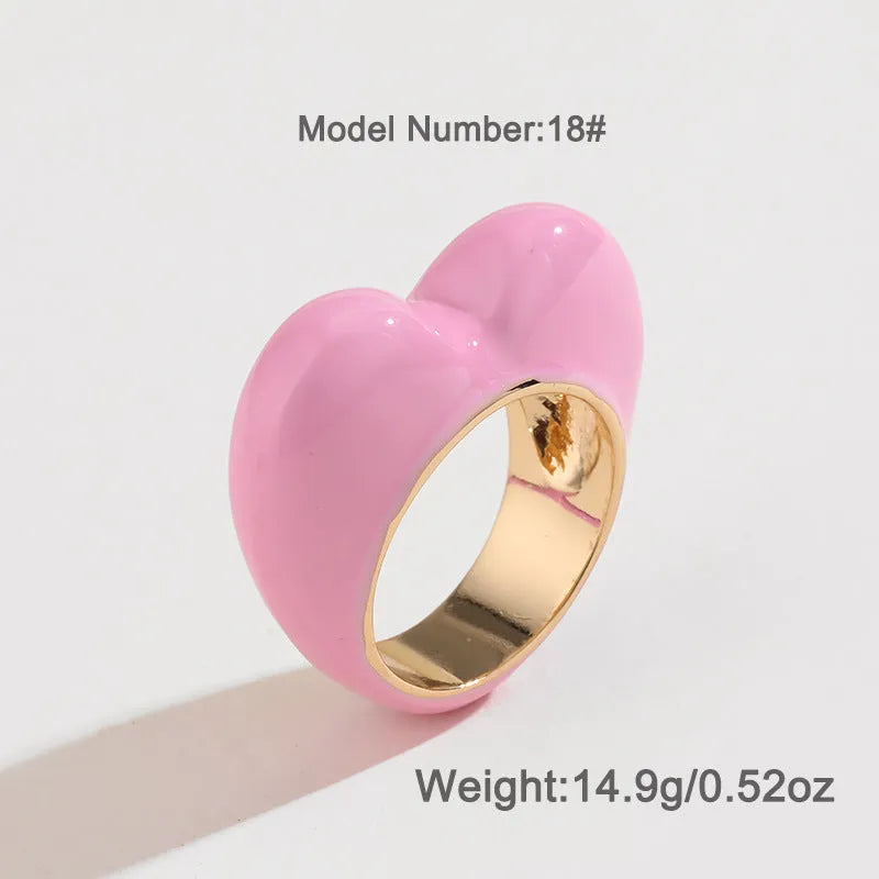 Original design three-dimensional enamel heart ring in zinc alloy showing colour options
