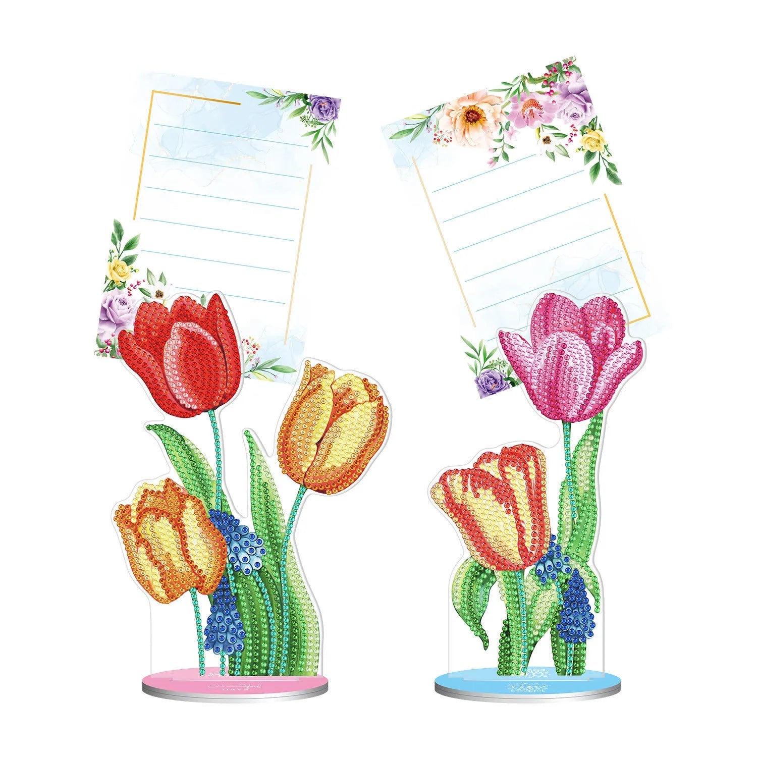 Handmade frameless desktop note clip holding a diamond painting, measuring 19cm wide.