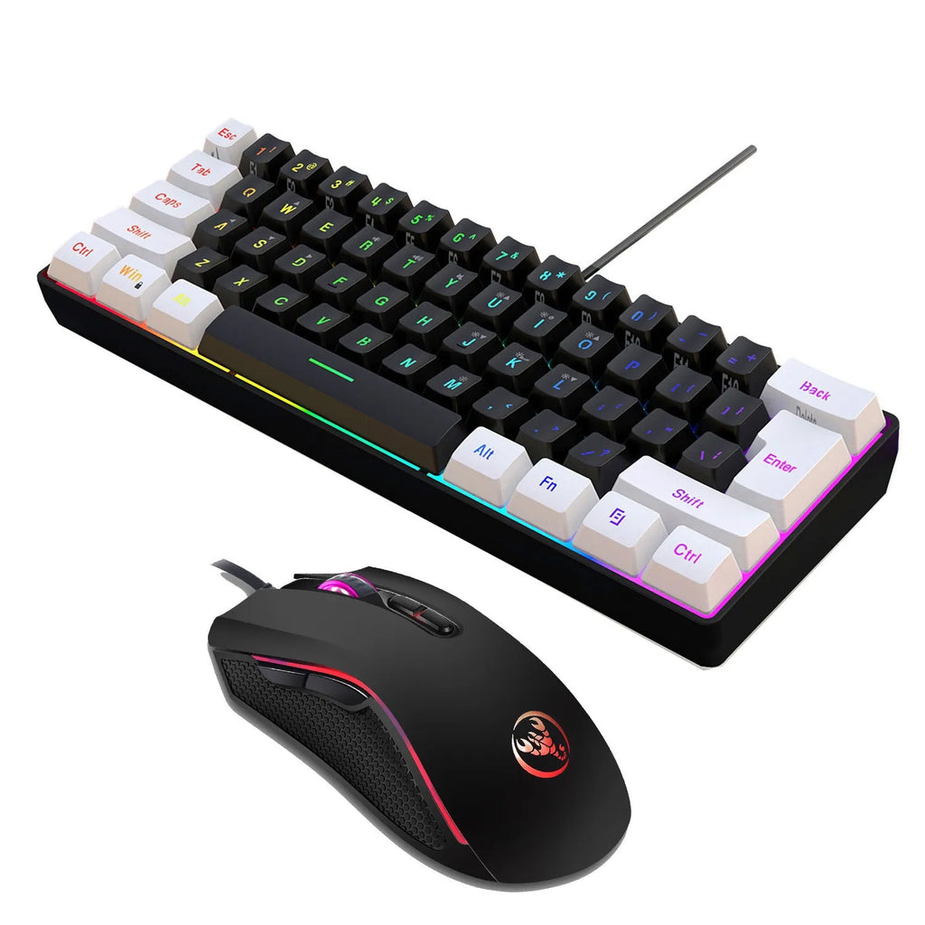 V700WB A869 white and black backlit wired keyboard and mouse combo set on a desk