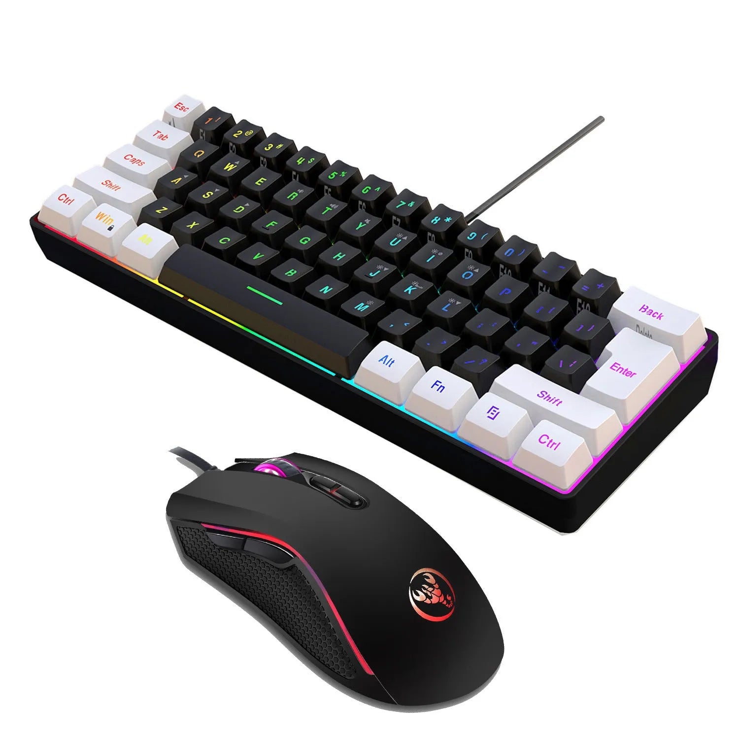 V700WB A869 white and black backlit wired keyboard and mouse combo set on a desk