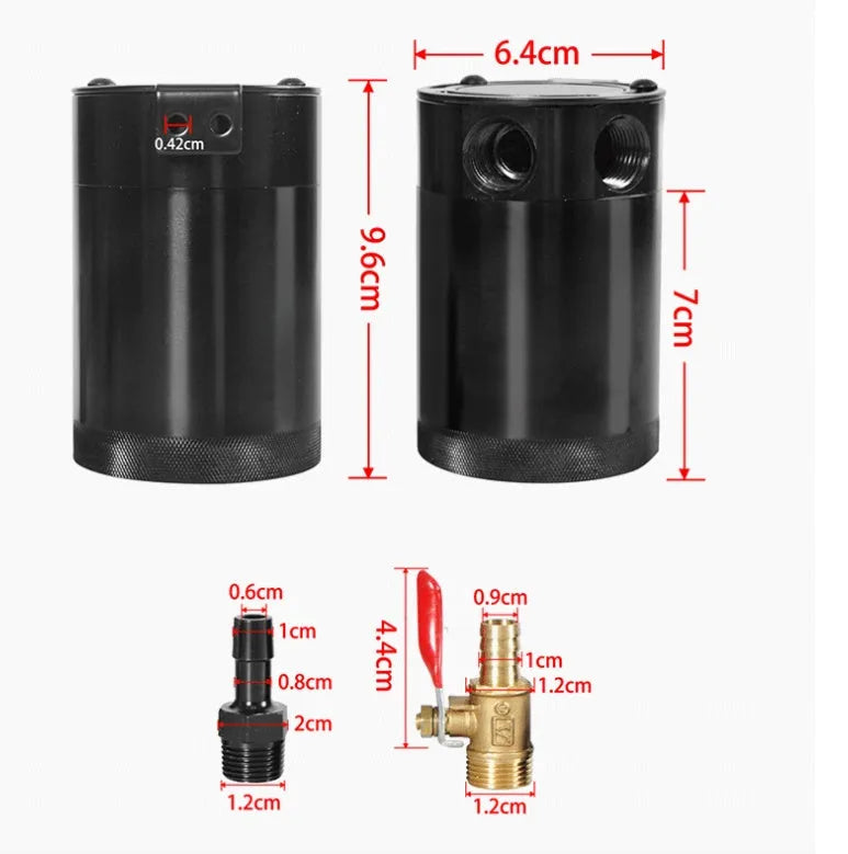 Black aluminium automotive oil pot with two-hole breathable design and connectors