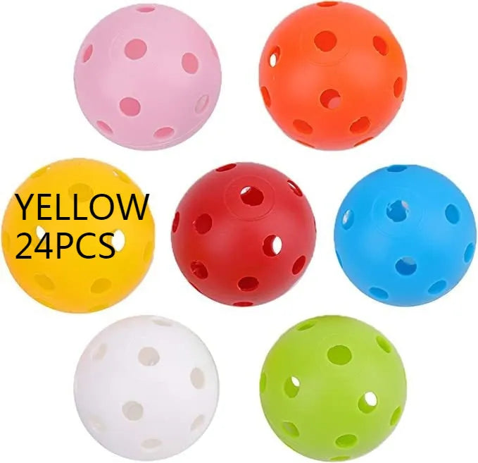 Six multi-colour 42mm golf practice balls in red, orange, blue, green, white, and yellow in a net.