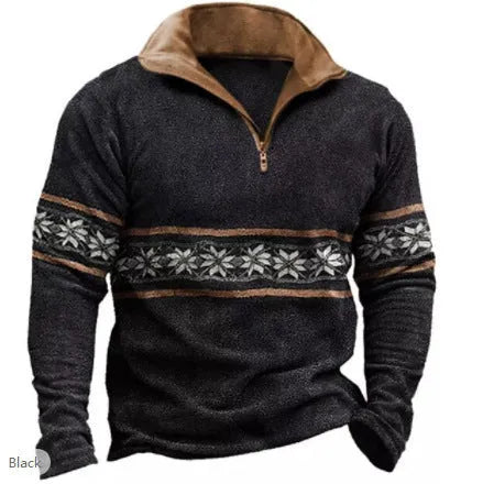 Men's striped retro print golf t-shirt with long sleeves and zipper details in loose fit