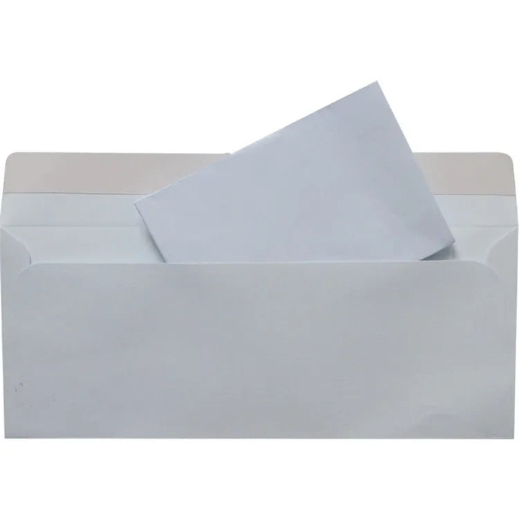 Blue anti-opening confidential envelope showing self-adhesive flap and 105mm by 240mm dimensions