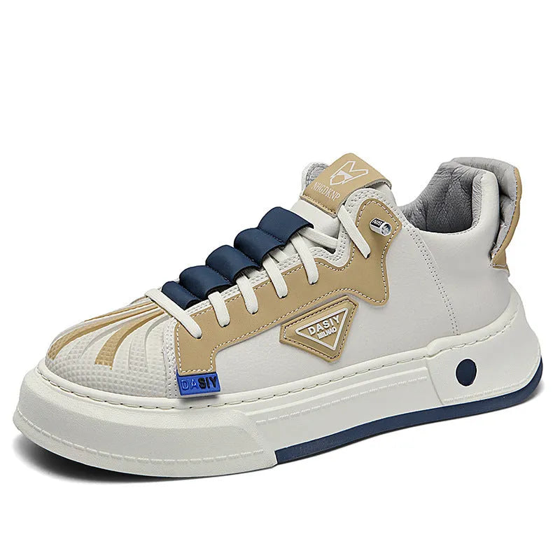 Men's beige low-top sneakers with elastic band and round toe on a white background