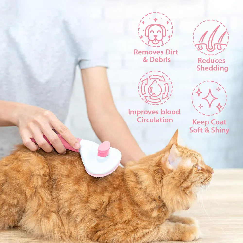 Blue cat grooming brush with release button for removing pet hair