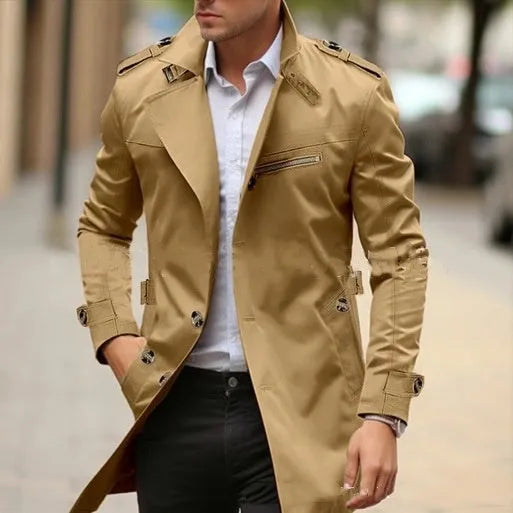 Mid-length plus size men's casual jacket in army green with lapel collar and side seam pockets.