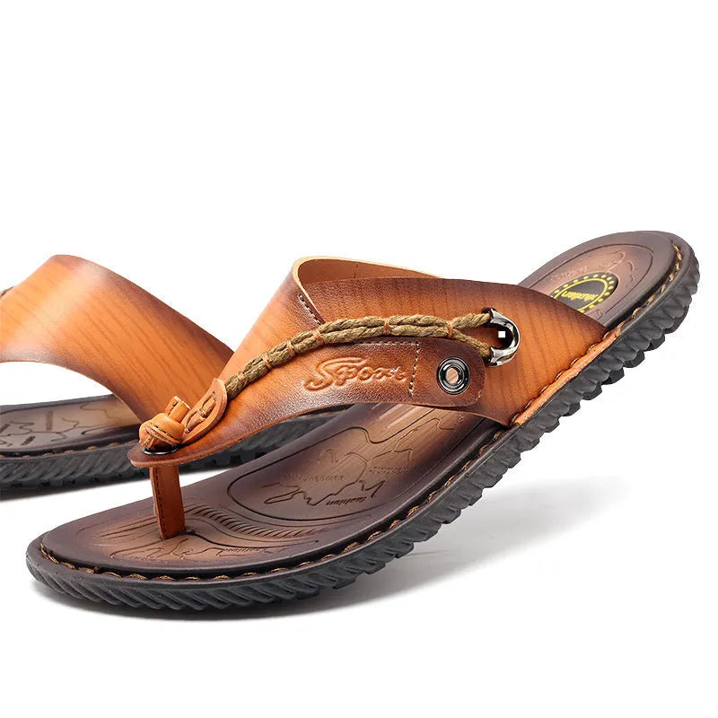 Men's non-slip slippers in light brown with a PU leather upper and textured rubber outsole.