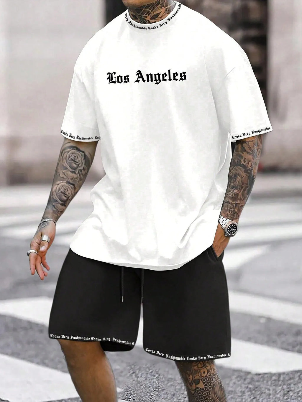 Men's sports shorts and t-shirt set in cotton blend fabric with printed pattern
