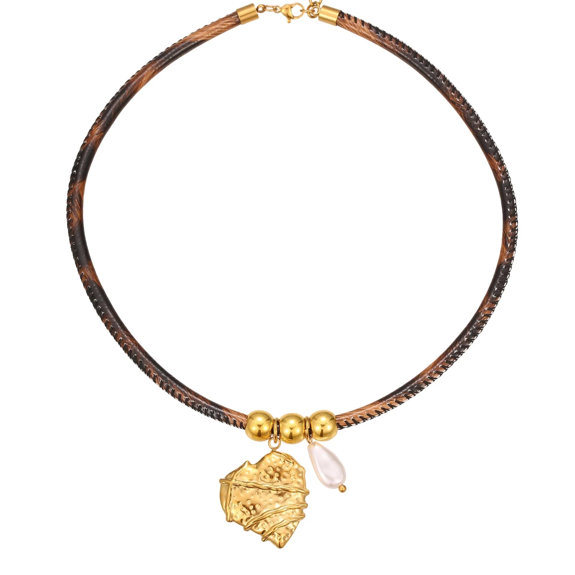 Geometric leopard pendant necklace on stainless steel chain with gold electroplated finish