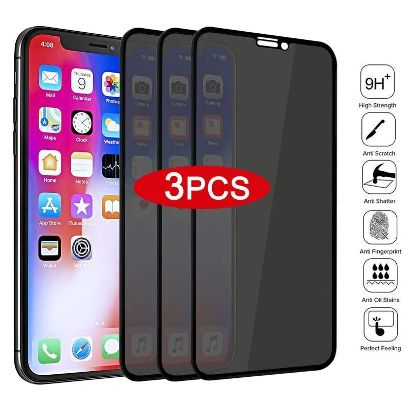 Black anti-peeping tempered glass screen protector film for Apple iPhone on a packaging card.