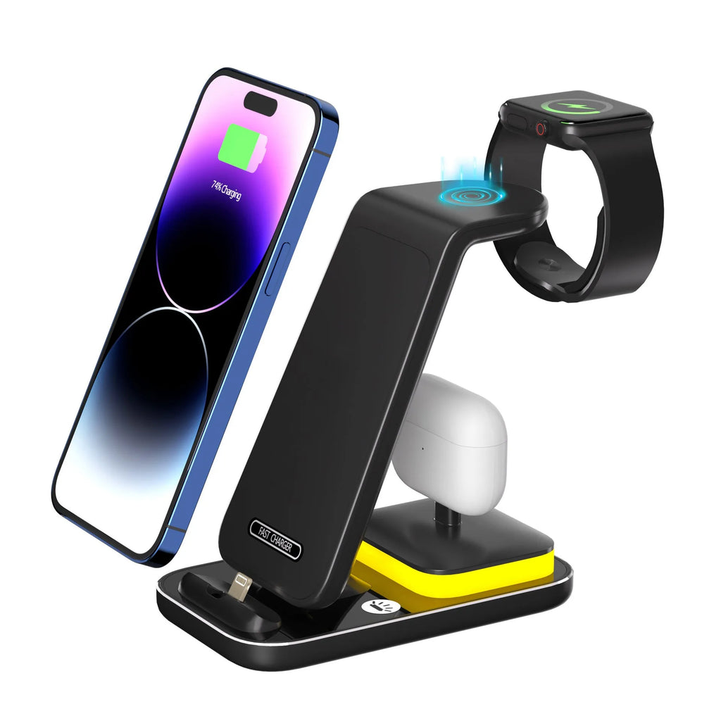 Black vertical wireless charging station with phone, smartwatch, and headphones charging simultaneously.