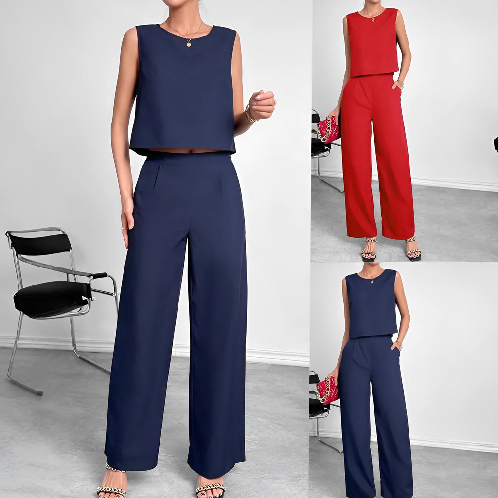 Red sleeveless top and wide leg trousers two-piece set for women on a hanger.