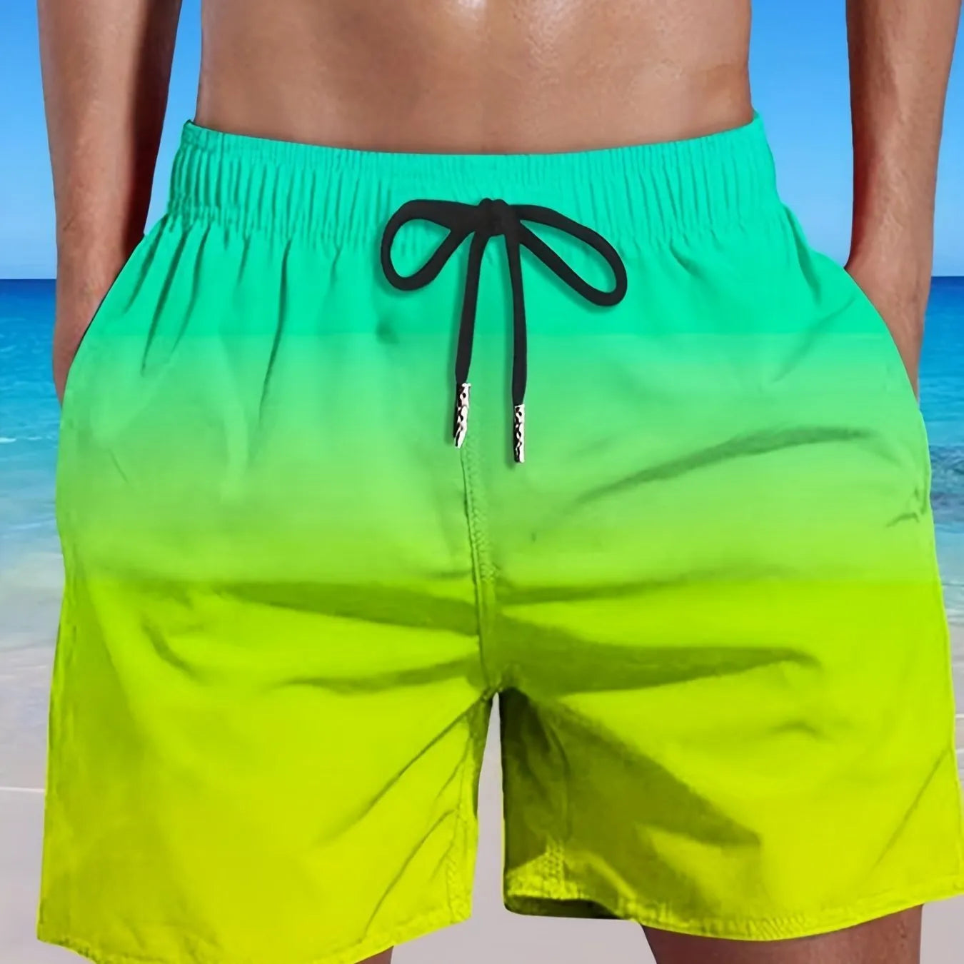 Men's gradient colour 3D digitally printed sports shorts in mesh fabric.
